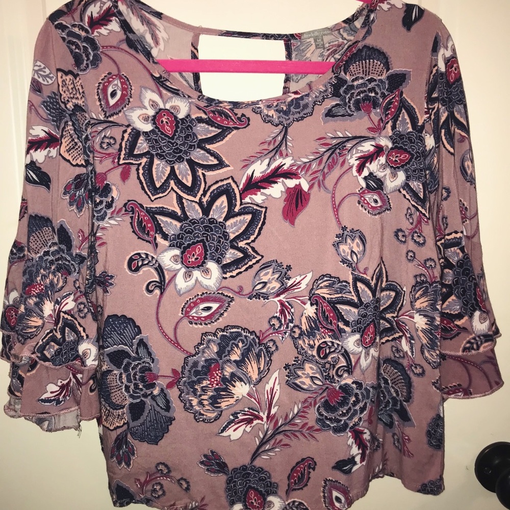 Purple, navy, and maroon floral top